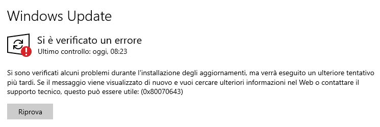 Windows 10 errore 0x80070643